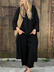 Women's Solid Color Casual Loose Elegant Stylish Skirt Pants Two Piece Suit