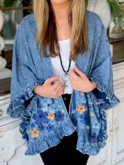 Ursime Cute Floral 3/4 Sleeve Loose Ruffle Trim Cardigan