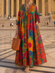 Women's Abstract Print V-neck Long-sleeve Loose-fit Cotton-linen Casual Dress