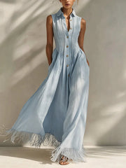 Casual Sleeveless Linen And Cotton Dress With Fringes