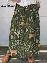 Lively Woodland Pattern Printed Women's Linen Pocket Skirt