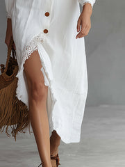 Elegant And Casual Lace Trim White Cotton And Linen Midi Dress
