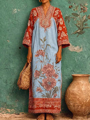 Women's Vintage-print V-neck Long-sleeve Casual Loose Cotton-linen Dress