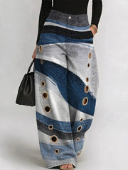 Women's Vintage Blue Stripes Art Print Casual Fashion Cutout Jeans
