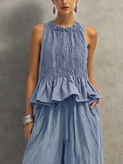 Women's Art Ruffle Stylish Casual Top And Pants Cotton Linen Two-piece Set