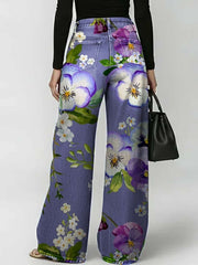 Women's Retro Floral Art Print Casual Stylish Hollow Denim Pants