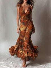 Bohemian Artistic Print Sleeveless Ruffled Chiffon Dress