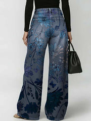 Women's Retro Floral Art Print Casual Stylish Hollow Denim Pants