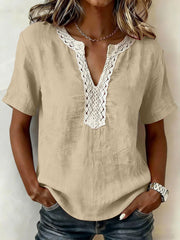 Casual Short-sleeve Top With Lace-trimmed Collar (linen & Cotton)