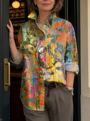 Artistic Watercolor Botanical Print Shirt — Loose-fit, Breathable Top With Large Buttons And 3/4 Sleeves (versatile Style)