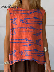 Vintage Style Sardine Fish Pattern Printed Women's Casual Cotton And Linen Tank Top