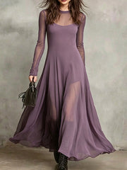 Women's Solid-color Round-neck Long-sleeve Casual Loose Mesh Dress