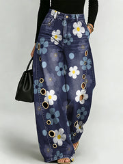 Colorful, Minimalist Floral Decorative Pattern Women's Denim Pants