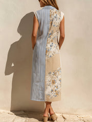 Mixed Print Patchwork Sleeveless Linen-blend Shirt Maxi Dress