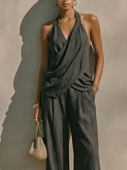 Dark Gray Textured Cotton-linen Halter Cross Draped Top & High-waist Wide-leg Pants Set