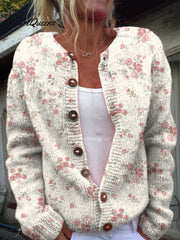 Pink Rose Florets Print Buttoned Cardigan Sweater