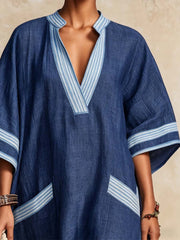 Women's Striped Color Block Art Stylish Cotton Linen Maxi Dress