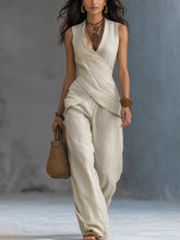 Women's Cross-design Top And Wide-leg Pants Cotton-linen Set