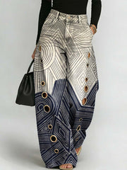Women's Abstract Line Art Print Casual Stylish Hollow Denim Pants