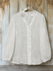 White Cutwork Embroidered Ruffle Collar V-neck Puff Sleeve Blouse