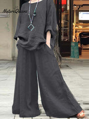 Women's Solid Color Casual Loose Stylish Cotton And Linen Shirt Pants Two Piece Suit