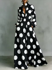 Women's Polka Dot Print Shirt-collar Long-sleeve Casual Loose A-line Dress
