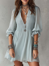 Elegant Lace Trim Pleated Chiffon Dress With Puff Sleeves