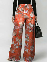 Women's Retro Floral Art Print Casual Stylish Hollow Denim Pants