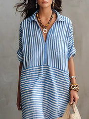 Women's Striped Art Casual Fashion Cozy Lapel Cotton Linen Dress