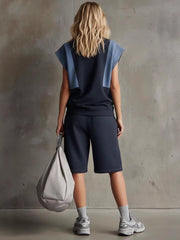 Stylish Casual Two-piece Set: Spliced denim & Cotton Top And Shorts