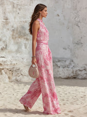 Vacation-style Sleeveless Strappy Top And Printed Chiffon Pants Set