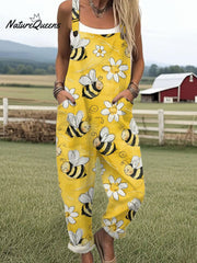 Women's Vintage Bee Floral Art Print Casual 100% Cotton Wide Leg Jumpsuit