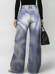 Women's Abstract Line Art Print Casual Stylish Hollow Denim Pants