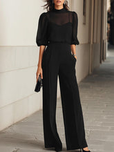 Women's Solid-color Two-piece Set: Stand-collar Short-sleeve, Loose-fit Chiffon Top & High-waisted Wide-leg Pants