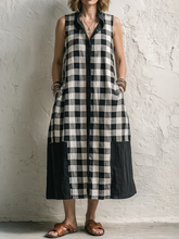 Black & White Gingham Patchwork Sleeveless Linen-cotton Shirt Dress