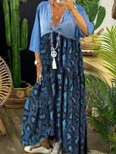 Ursime Vintage Leopard Denim Patchwork Raw Trim Maxi Dress