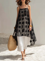 Polka-dot Double-layer Gauze Spaghetti-strap Asymmetrical Maxi Dress