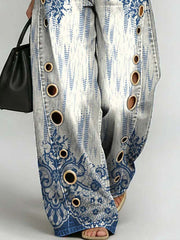Women's Retro Floral Art Print Casual Stylish Hollow Denim Pants