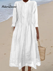 Women's Pleated Cotton and Ramie Long-sleeved Dress