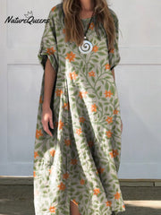 Women's Lovely Floral Art Print Linen Cotton Buttons Dress