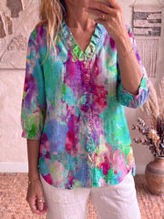 Glamorous Artistic Watercolor Cotton-linen Blouse