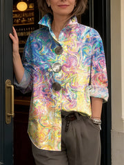 Women's Colorful Abstract Art Print Cotton Shirt — Lapel, Long Sleeve, Casual Loose Fit