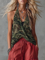 Women's Camouflage Print V-neck Sleeveless Casual Loose Cotton-linen Top