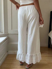 Women's White Lace-trimmed Wide-leg Pants — Loose-fit Casual Trousers (lightweight)
