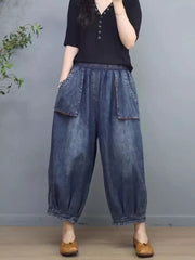 Washed Denim Cropped Balloon Pants With Elastic Waist And Large Patch Pockets
