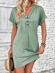 Women's V-neck Short-sleeve Casual Loose Cotton Dress