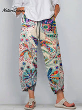 Women's Vintage Lovely Floral Bird Art Printed Cotton And Linen Casual Pants