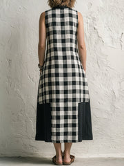 Black & White Gingham Patchwork Sleeveless Linen-cotton Shirt Dress