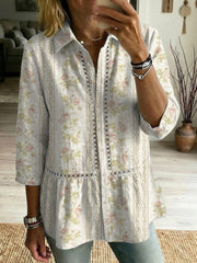 Women's Vintage Botanical Art Print Casual Cotton Shirt With Lapel Collar