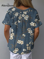 White Plum Blossom Pattern Printed Women's Casual Cotton And Linen Shirt